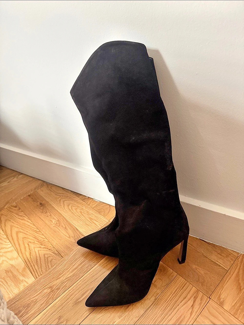 Schutz Suede Slouch Pant Leg Pointed Toe Stiletto Tall Boots